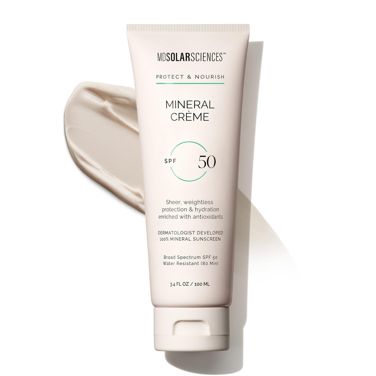 MDSolarSciences Mineral Crème front pump showing packaging and easy dispensing benefit