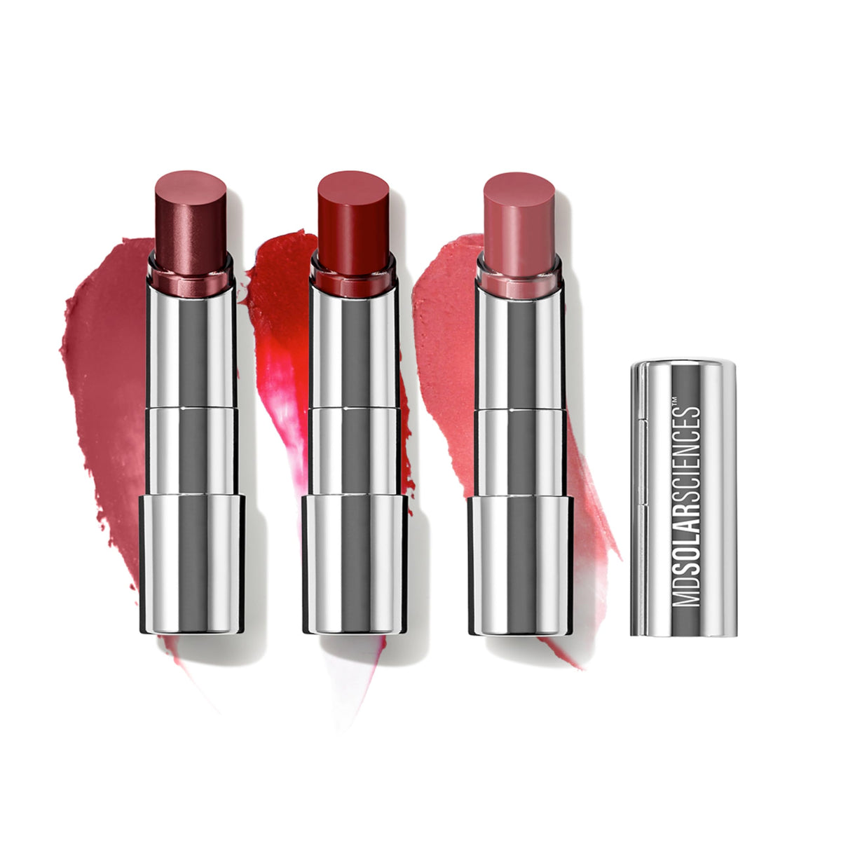 MDSolarSciences trio front packaging showing three tinted SPF lip balms and benefits