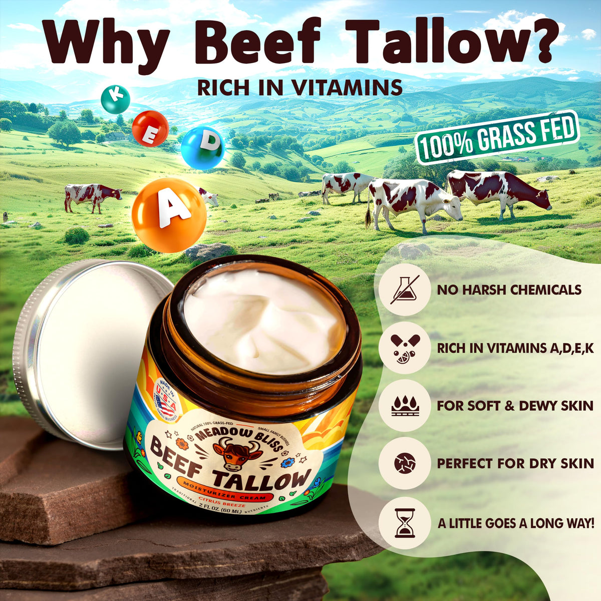 ingredient label on Meadow Bliss jar listing grass-fed tallow, organic shea, jojoba for transparency