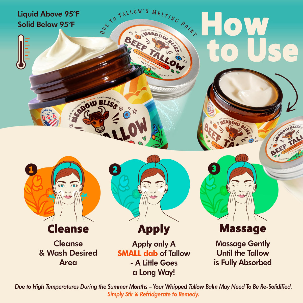Meadow Bliss labeled jar close-up emphasizing grass-fed tallow and clean ingredient benefits