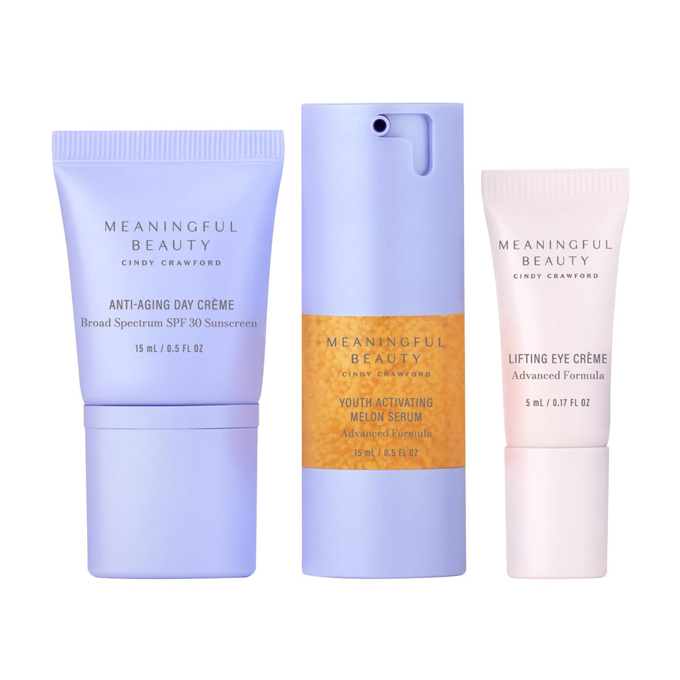 Meaningful Beauty front packaging showing three-piece travel set and gifting appeal