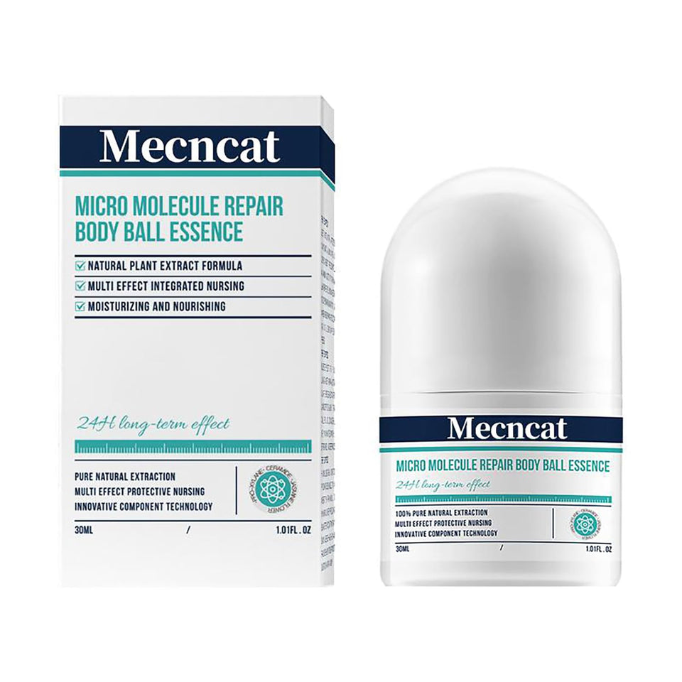 Mecncat front packaging showing roll-on bottle and clear labeling, convenient travel care