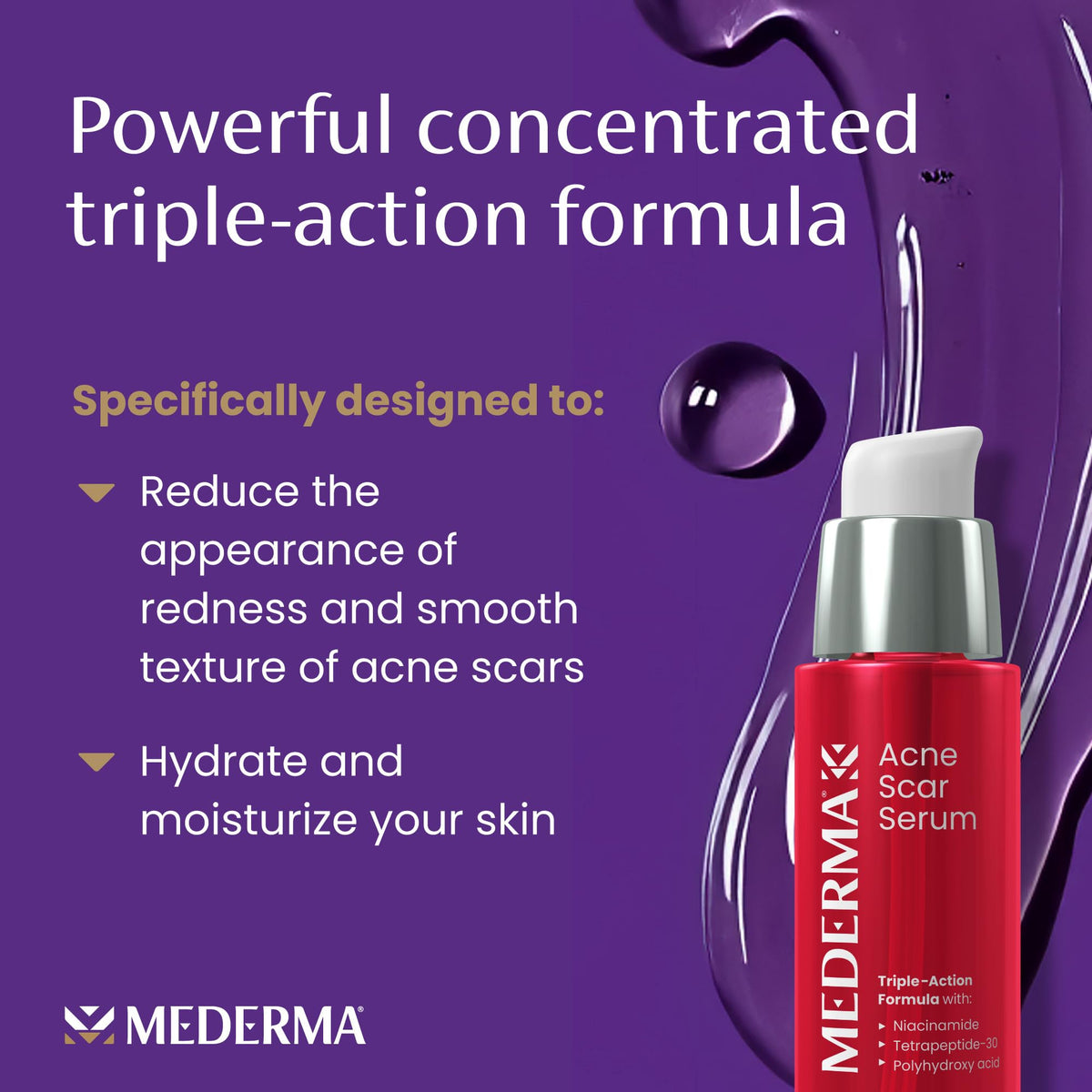 Mederma rich serum texture close-up showing lightweight, moisturizing finish