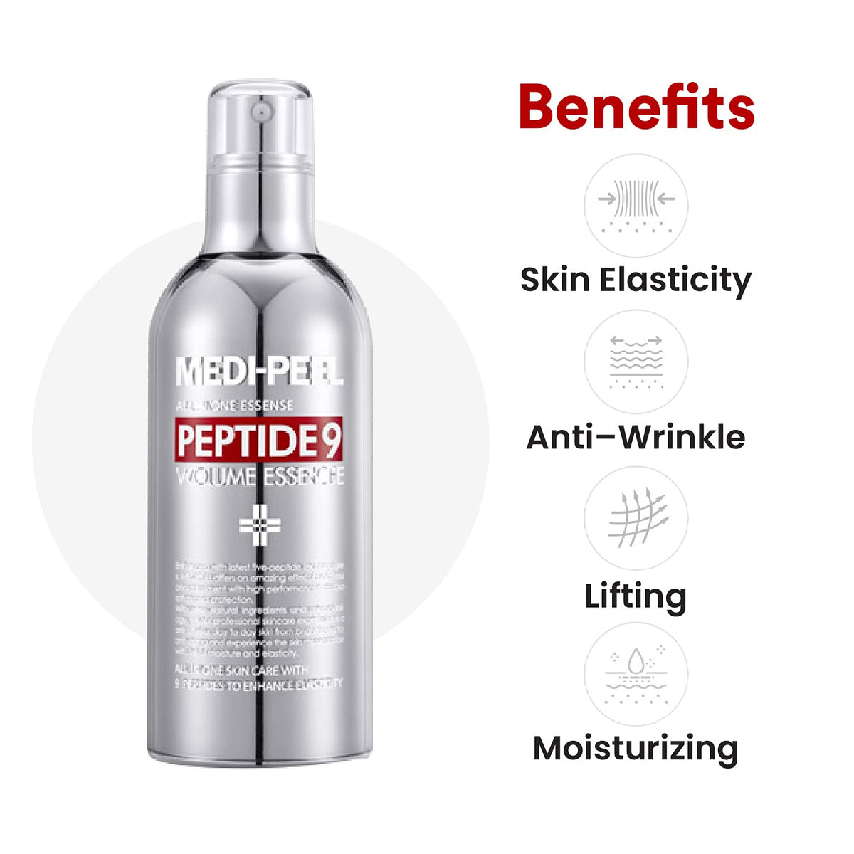MEDI-PEEL ingredient list overlay showing peptides and collagen