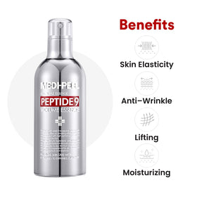 MEDI-PEEL ingredient list overlay showing peptides and collagen