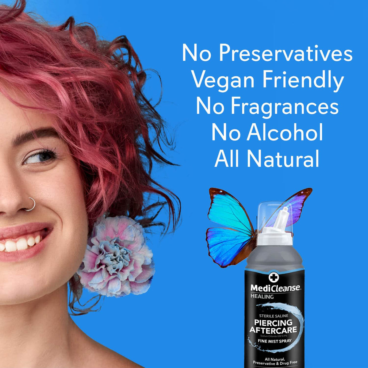 MediCleanse sterile saline solution detail highlighting gentle formula