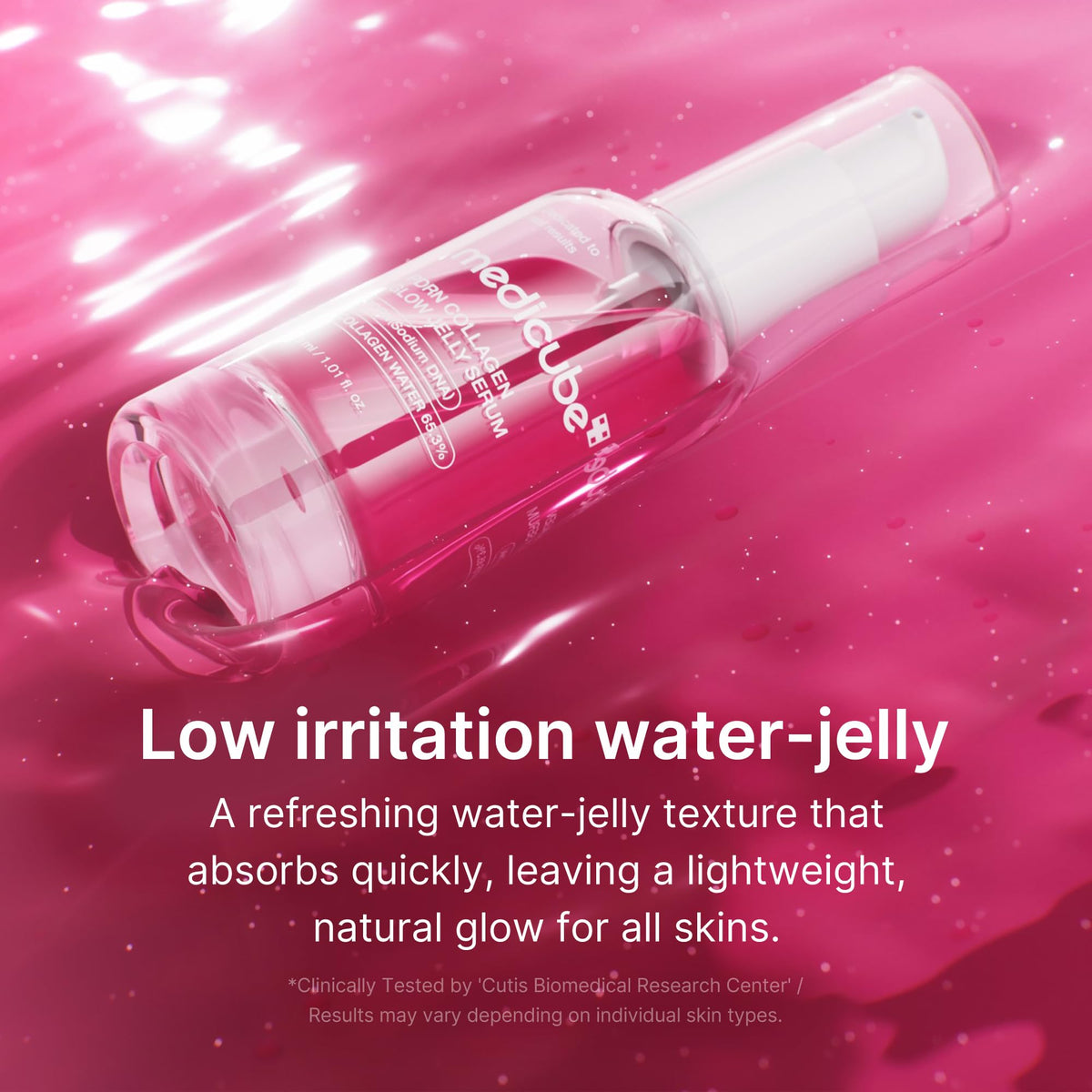 medicube application on cheek, shows dewy finish and quick absorption