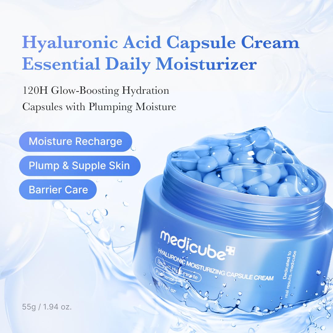 medicube open jar with hyaluronic capsules emphasizing release and plump look
