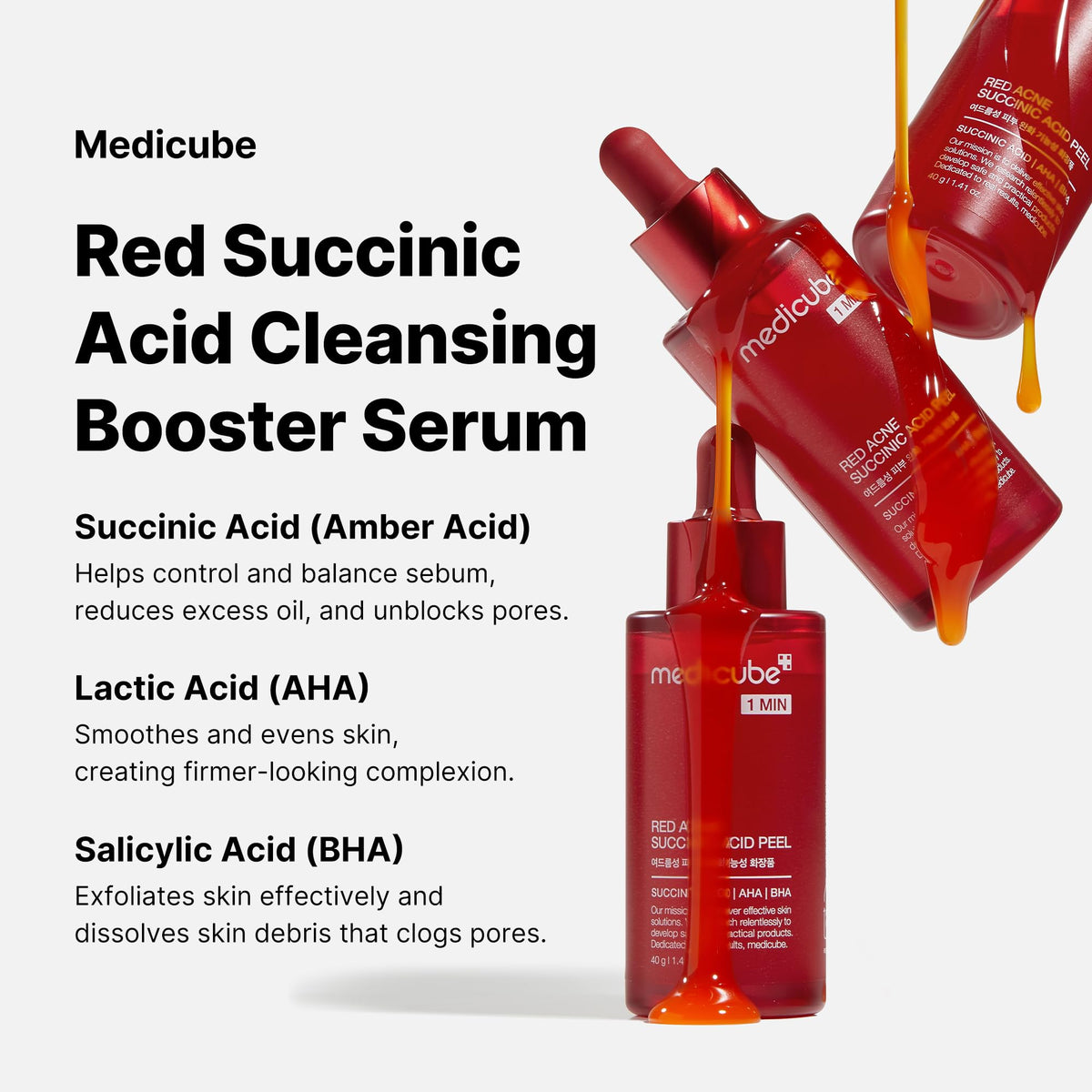 Medicube closeup label listing AHA BHA and succinic acid for clear ingredient awareness