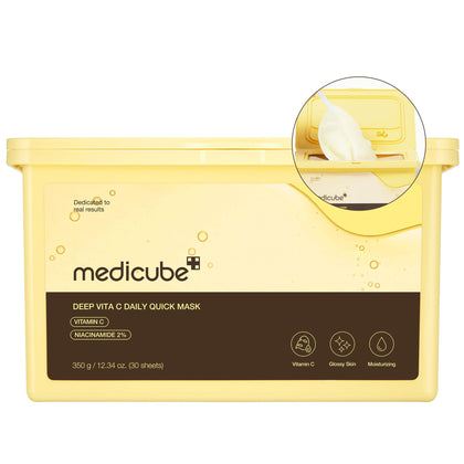 medicube front packaging showing 30-sheet mask pack and quick dispenser benefit