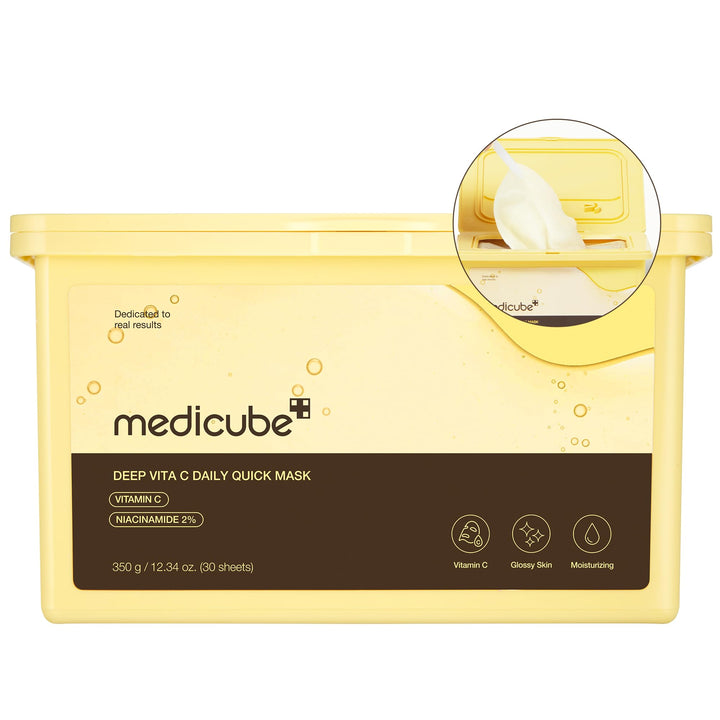 medicube front packaging showing 30-sheet mask pack and quick dispenser benefit