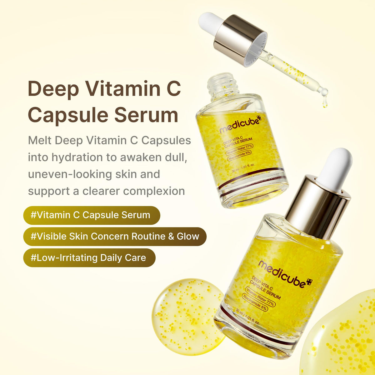 medicube capsule close-up revealing liposome capsule texture for protected Vitamin C