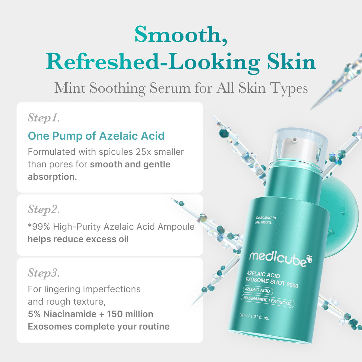 medicube serum texture close-up, lightweight fast-absorbing consistency benefit