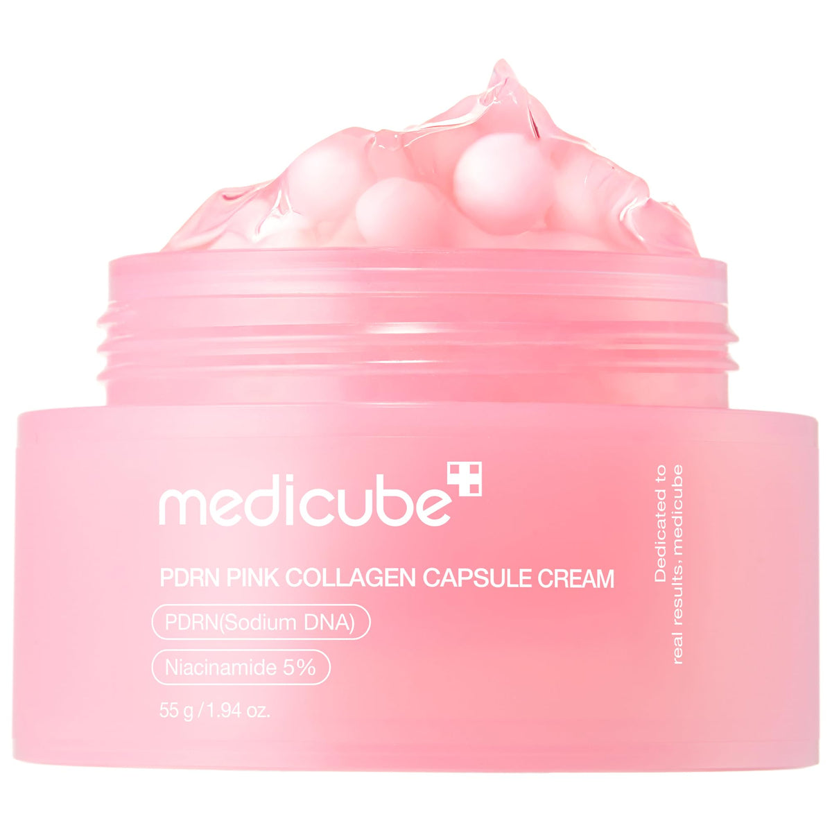 medicube front jar showing pink capsules and clear gel for visible potency