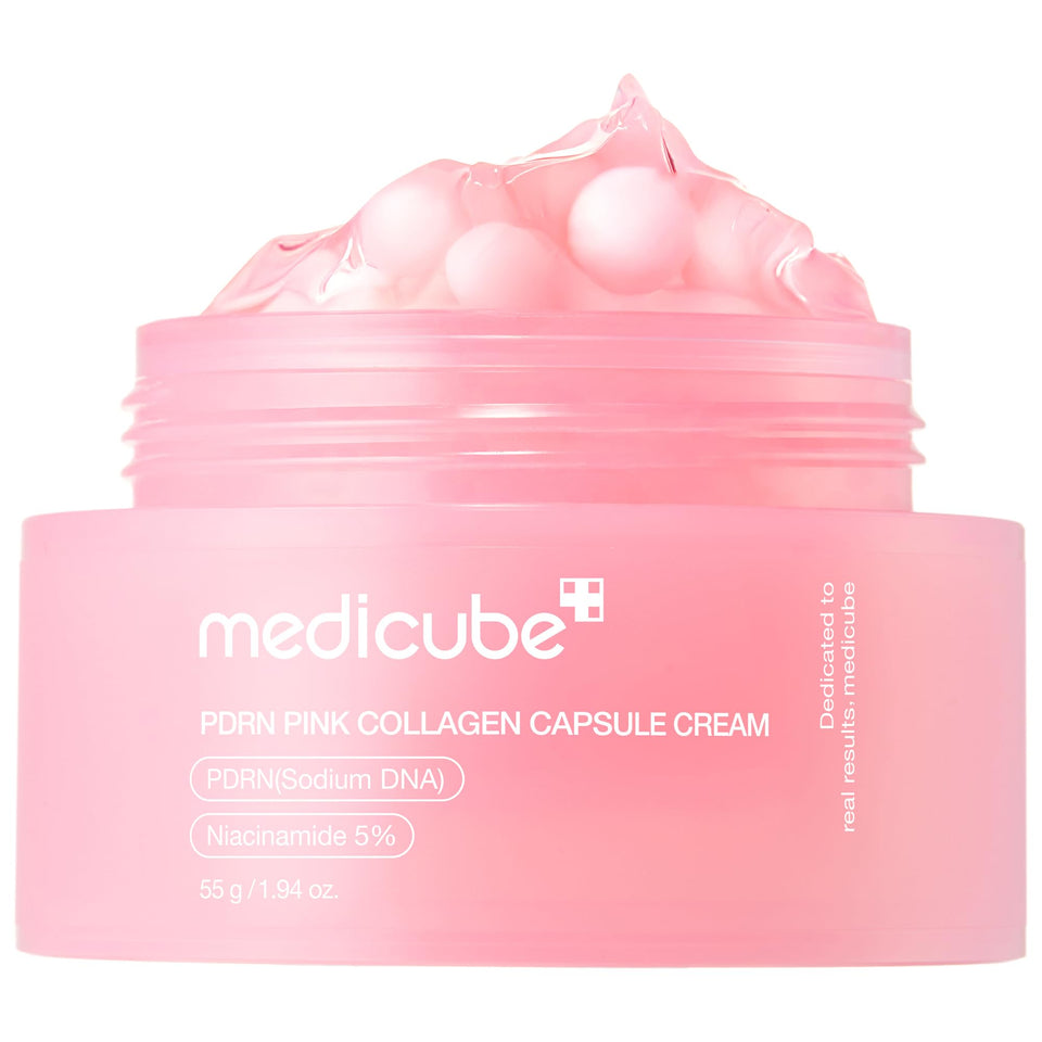 medicube front jar showing pink capsules and clear gel for visible potency