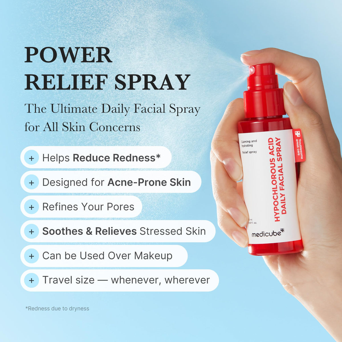 medicube nozzle close-up demonstrating fine mist for even coverage