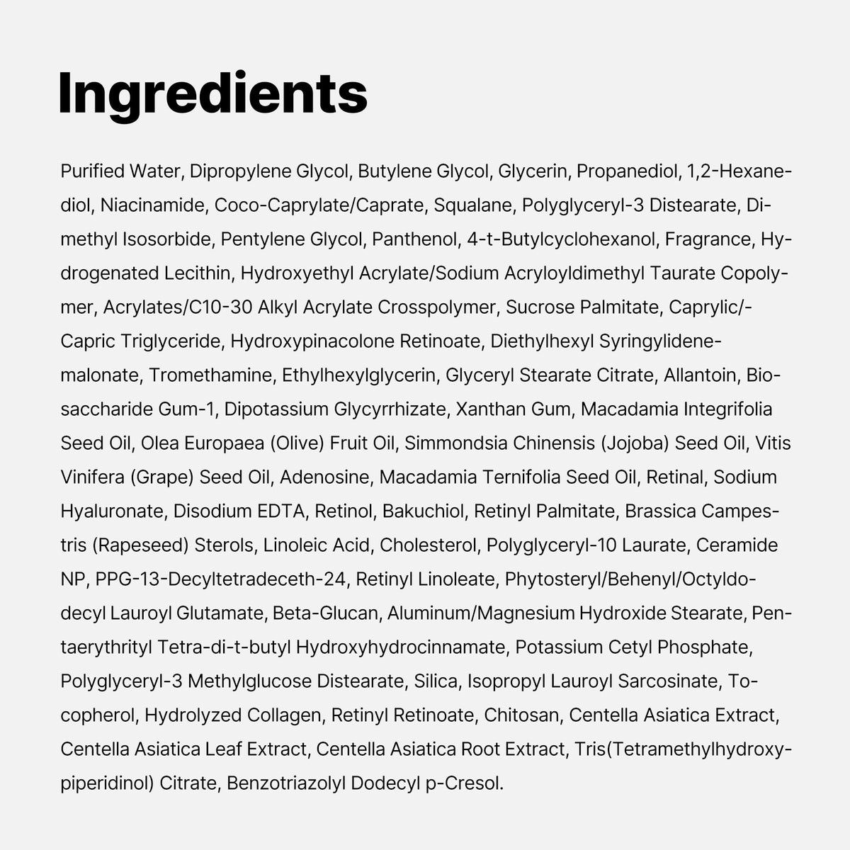 medicube ingredients label close up featuring niacinamide and retinal, showing transparency