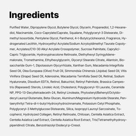 medicube ingredients label close up featuring niacinamide and retinal, showing transparency