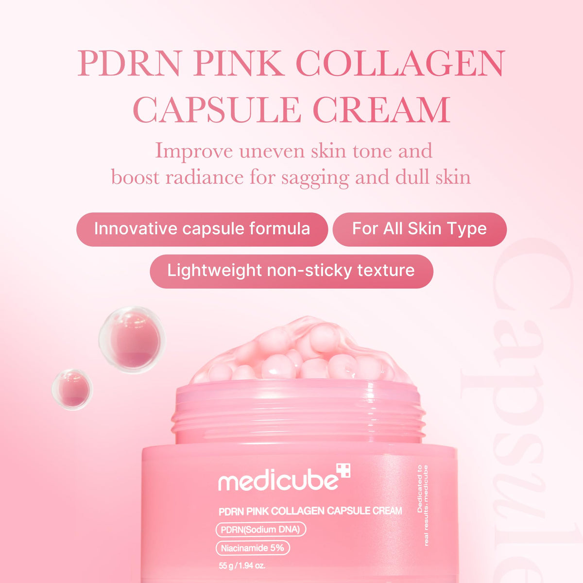medicube open jar close-up of intact pink PDRN capsules for freshness
