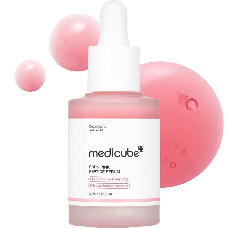 medicube front bottle showing pink peptide serum and brand glow benefits