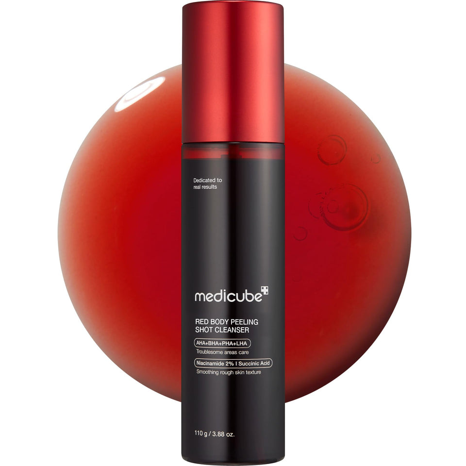 medicube front packaging of Red Body Peeling Shot showing bottle and label, clear quick-use benefit