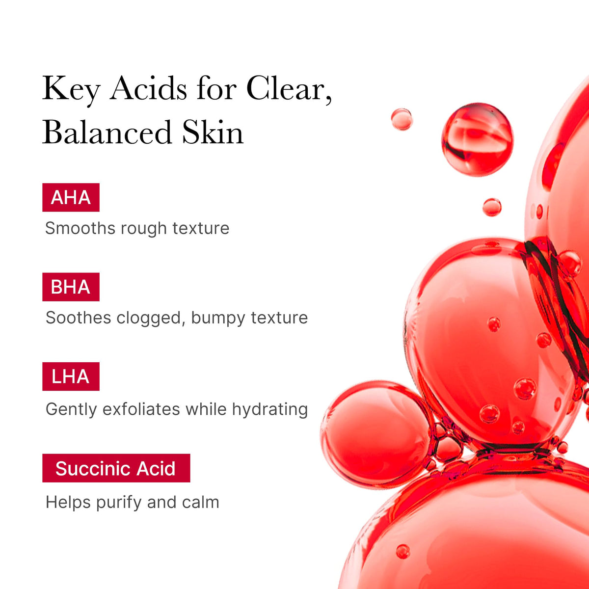 medicube product label close-up with ingredient callout for AHA BHA PHA LHA succinic acid transparency