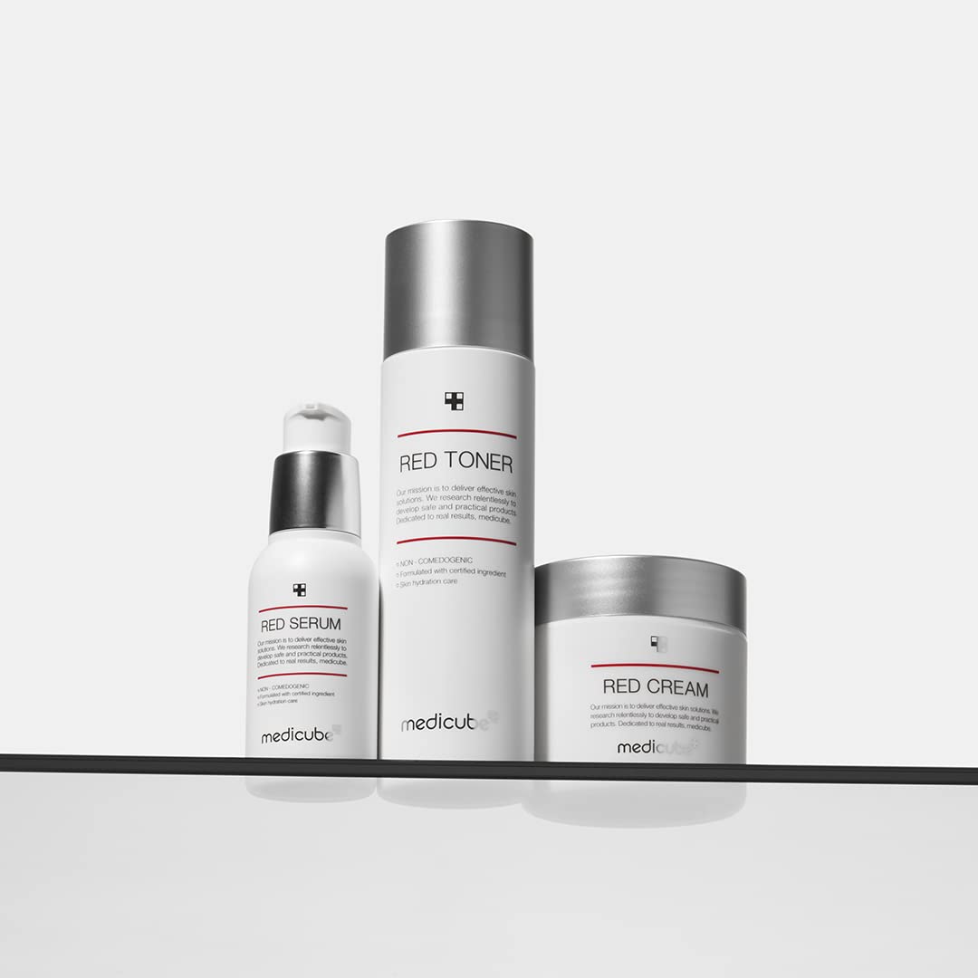 medicube red toner staged on bathroom shelf lifestyle for daily routine integration benefit