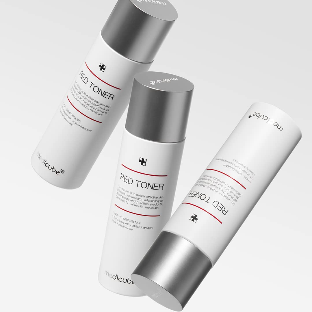 medicube red toner closeup label highlighting BHA niacinamide and adenosine benefits