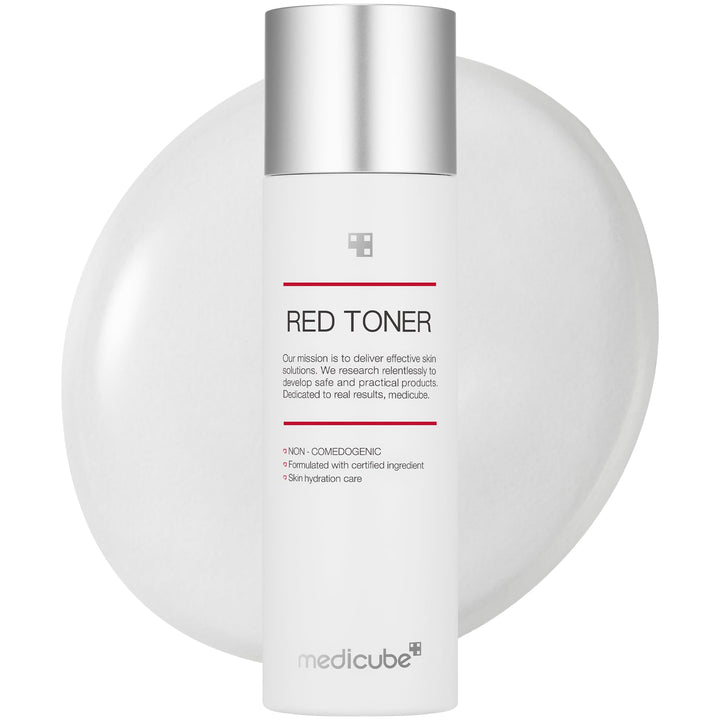 medicube red toner front packaging showing bottle and label for clear identification and benefit