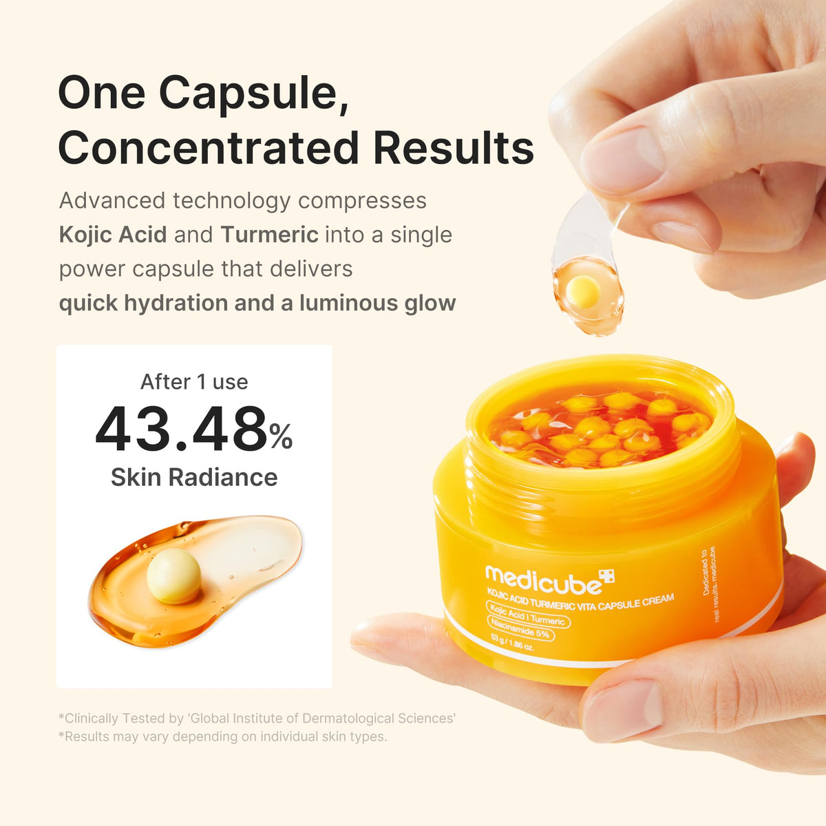 medicube jar next to a ruler showing 1.86 oz size and travel-friendly benefit