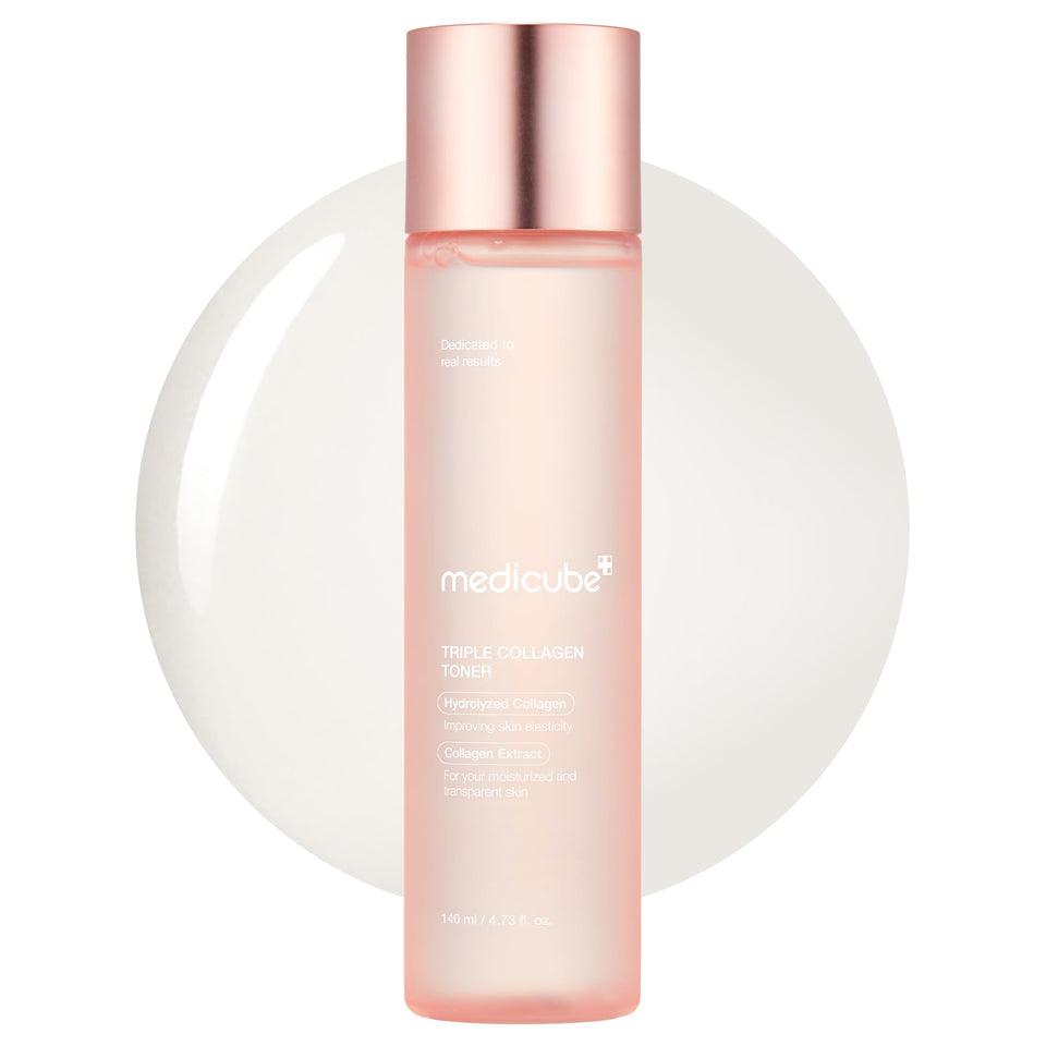 medicube triple collagen toner front bottle showing label and benefit of deep hydration