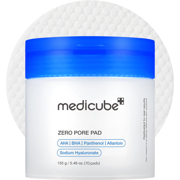 medicube front packaging showing tub and branding, convenient pre-soaked pads benefit