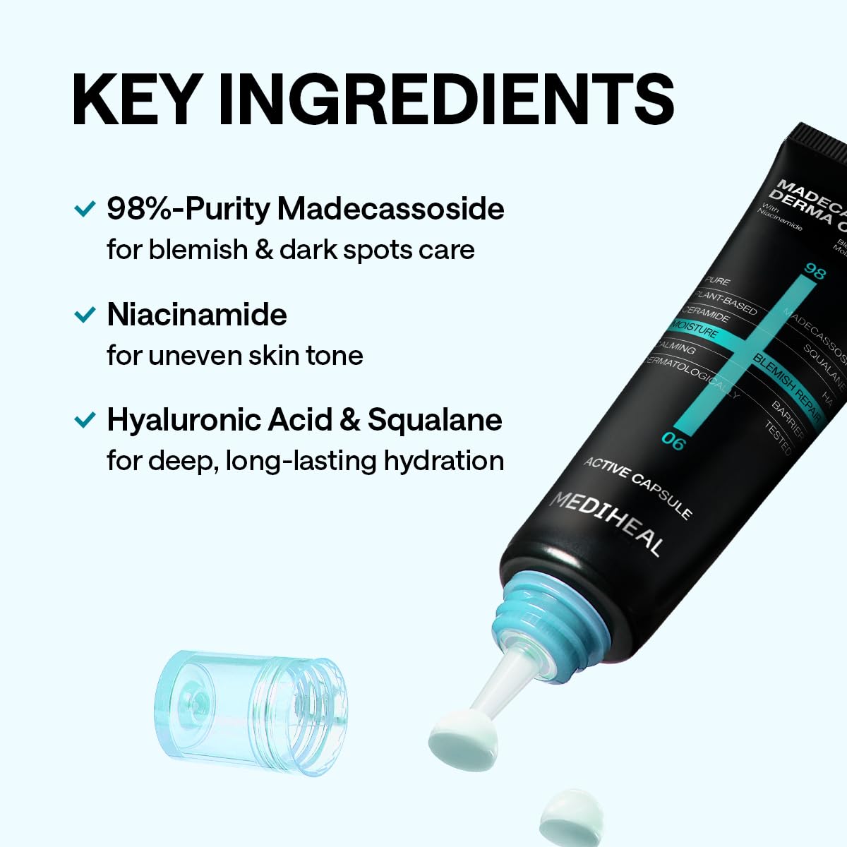 MEDIHEAL jar held next to hand showing 1.69 fl oz scale and portable size