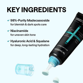 MEDIHEAL jar held next to hand showing 1.69 fl oz scale and portable size