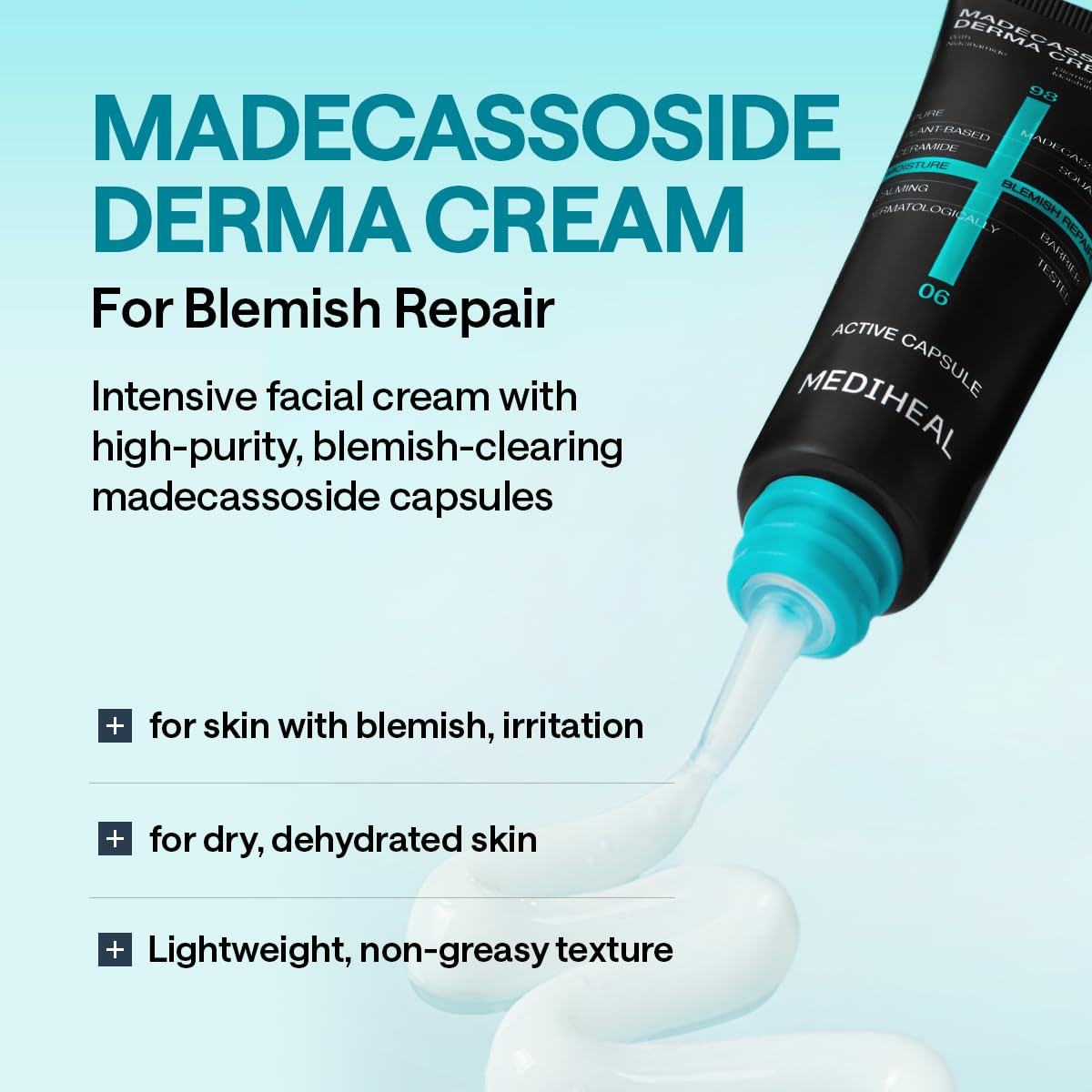 MEDIHEAL cream texture swatch illustrating lightweight, non-greasy hydration
