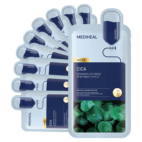 MEDIHEAL front packaging of Dermaplus Cica Mask showing calming benefits