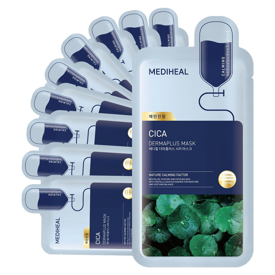 MEDIHEAL front packaging of Dermaplus Cica Mask showing calming benefits