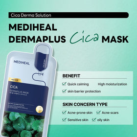 MEDIHEAL model wearing Dermaplus Cica Mask proving even coverage and soothing