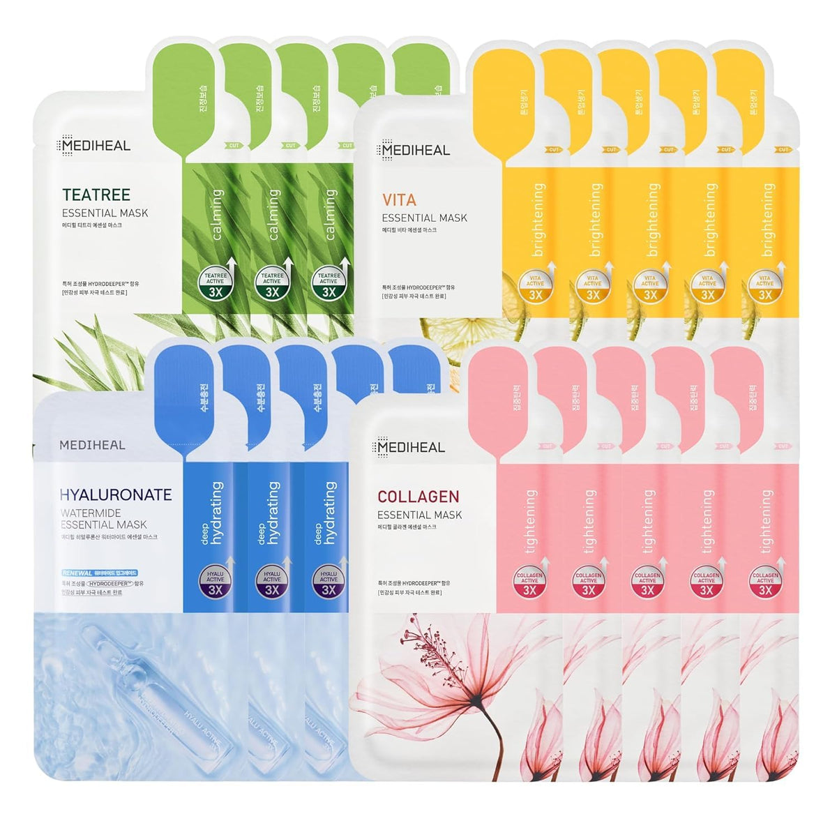 MEDIHEAL front packaging of Essential HERO 20 pack showing mask variety and convenience