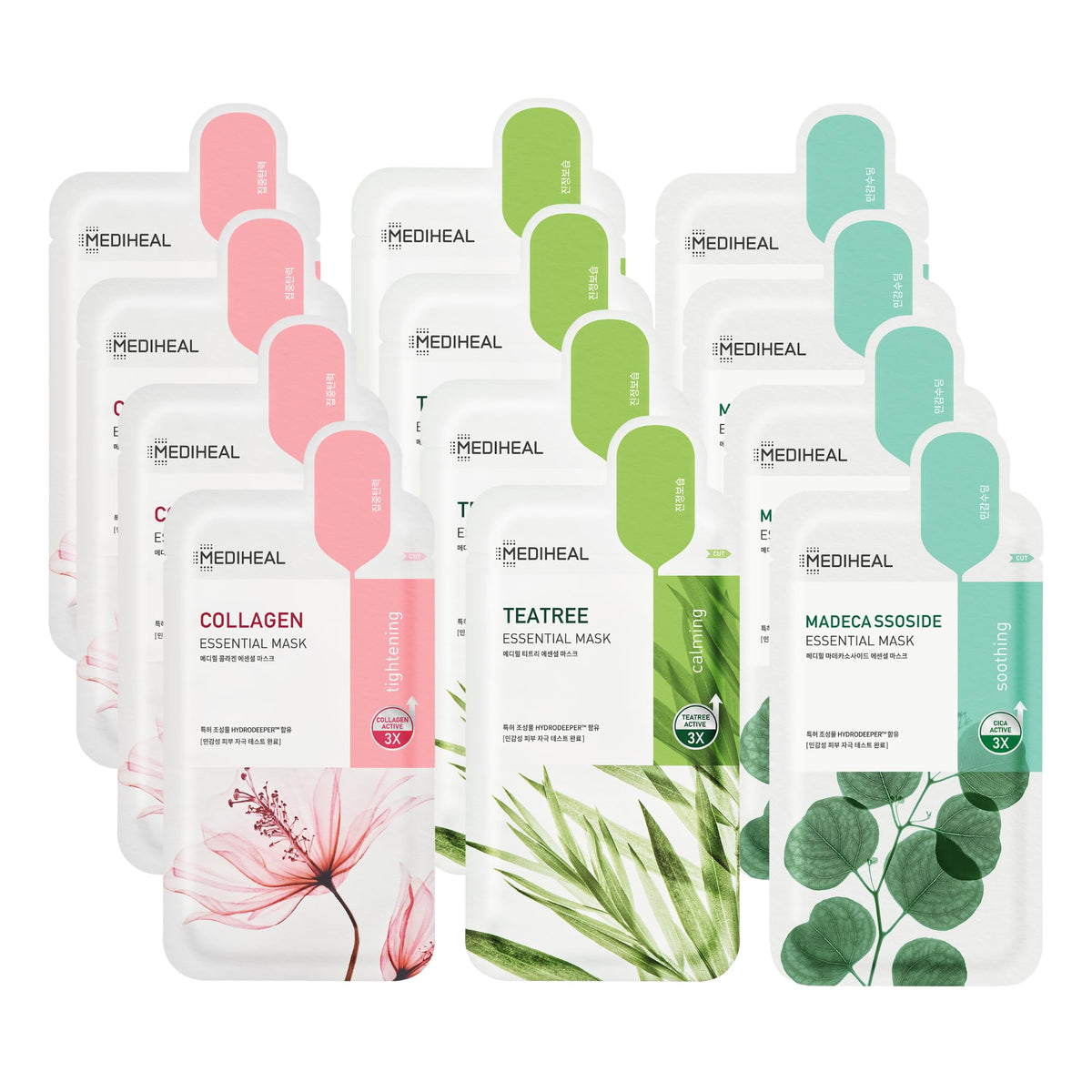 MEDIHEAL front packaging showing the 12-pack benefits and variety