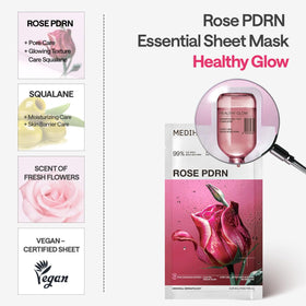 MEDIHEAL ingredients label focused on White Rose PDRN and vegan certification