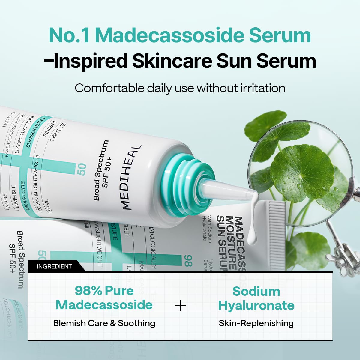 MEDIHEAL swirled sunscreen on hand demonstrating quick absorption benefit
