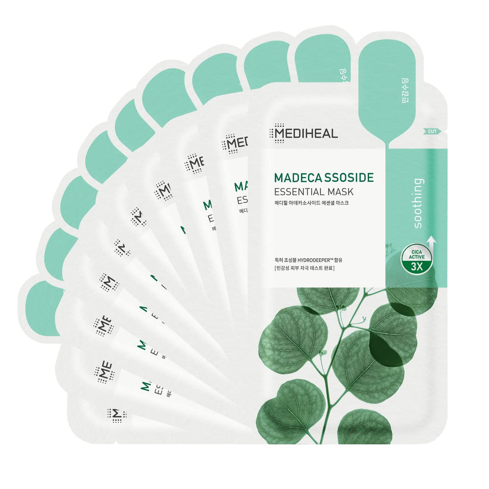 MEDIHEAL front packaging showing 10 soothing madecassoside masks for easy identification and benefits