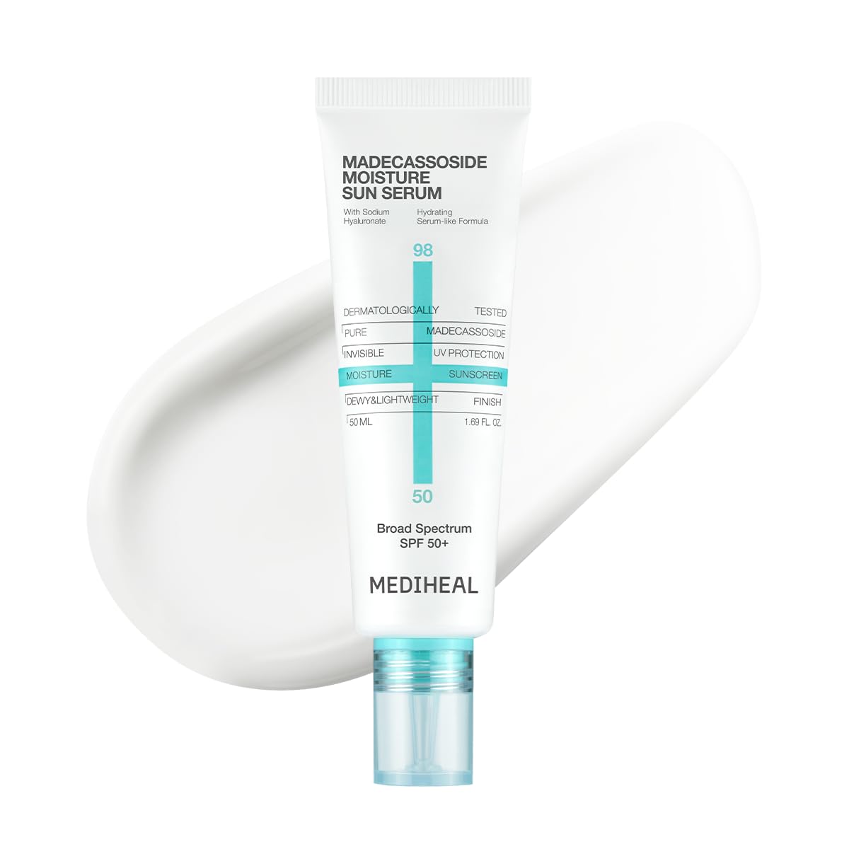MEDIHEAL front packaging of sun serum showing SPF50+ and dewy finish