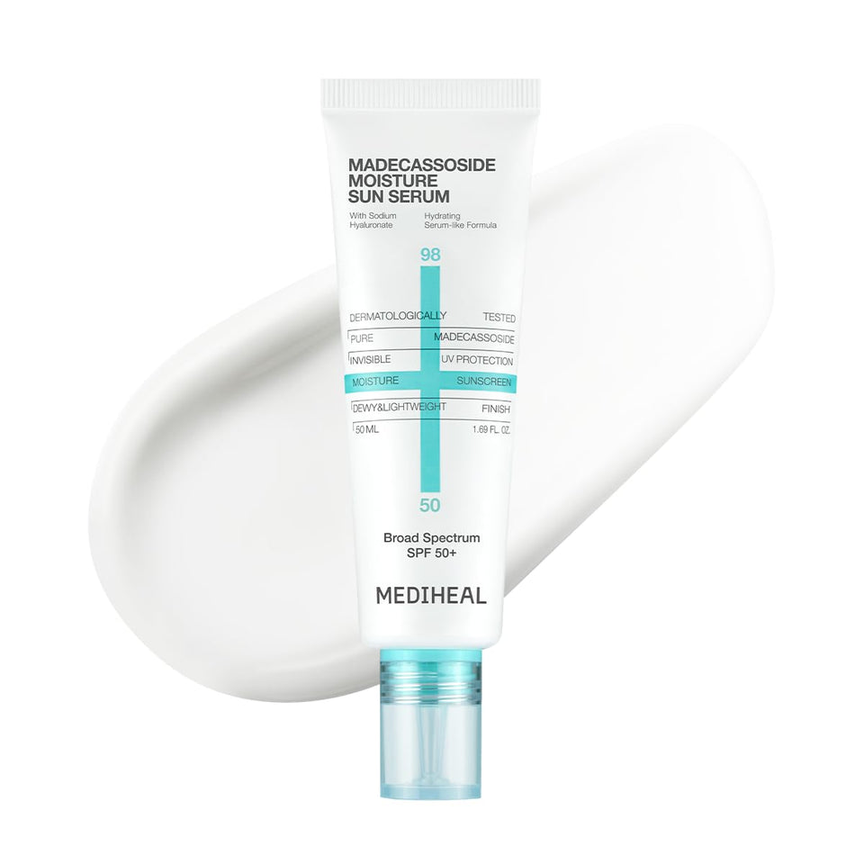 MEDIHEAL front packaging of sun serum showing SPF50+ and dewy finish