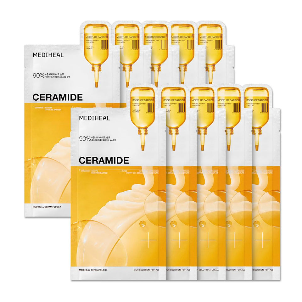 MEDIHEAL pack front view showing 10-piece set and benefits