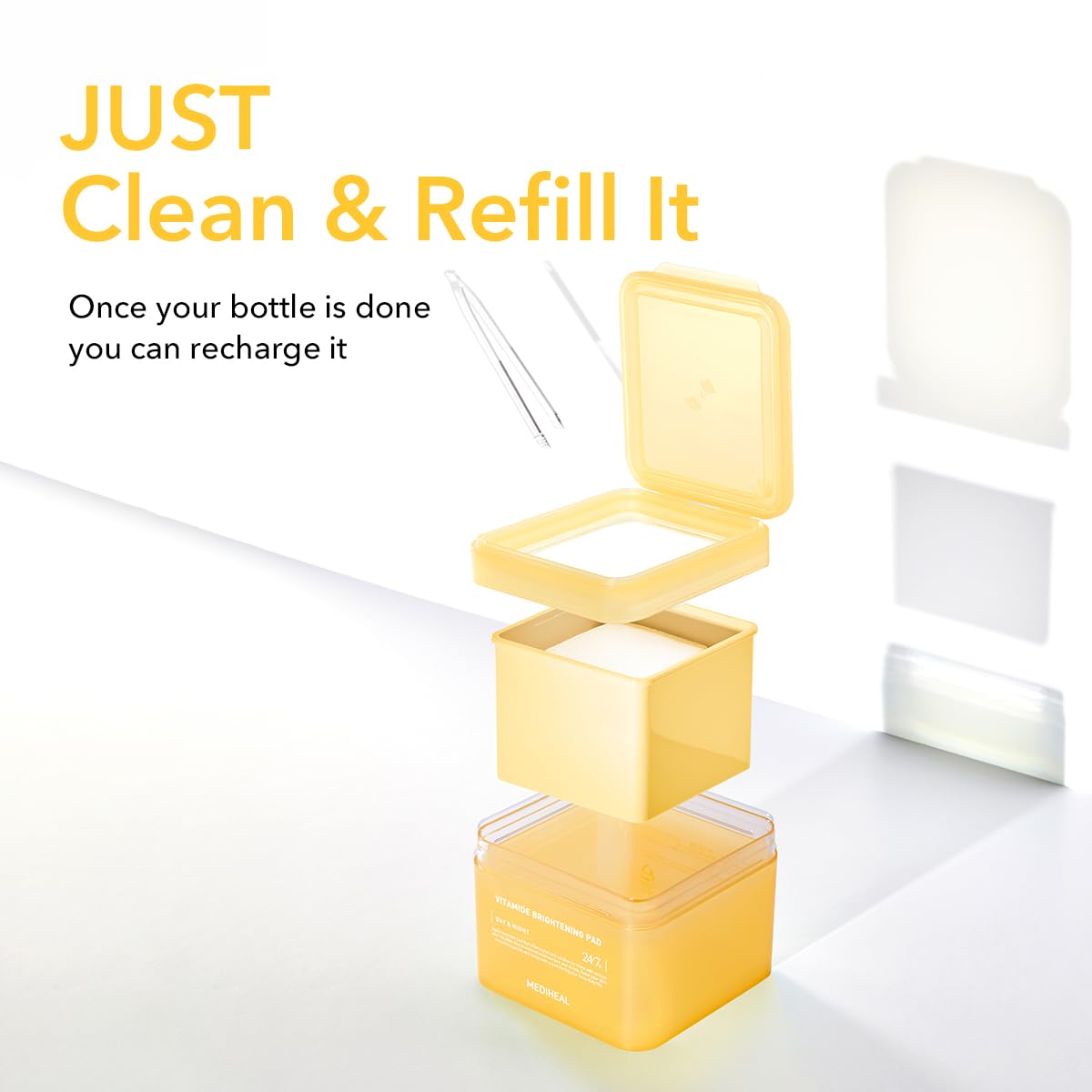 MEDIHEAL pad placed on cheek as mini-sheet mask for targeted brightening