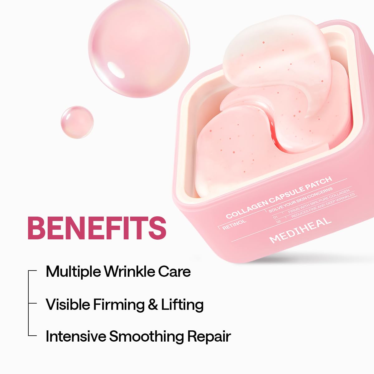MEDIHEAL patch applied under eye demonstrating reduced puffiness and lifting effect