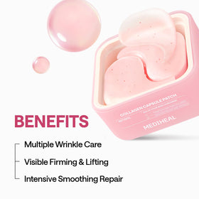 MEDIHEAL patch applied under eye demonstrating reduced puffiness and lifting effect
