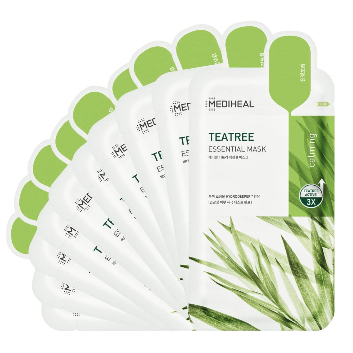 MEDIHEAL front packaging showing ten tea tree masks and calming benefit